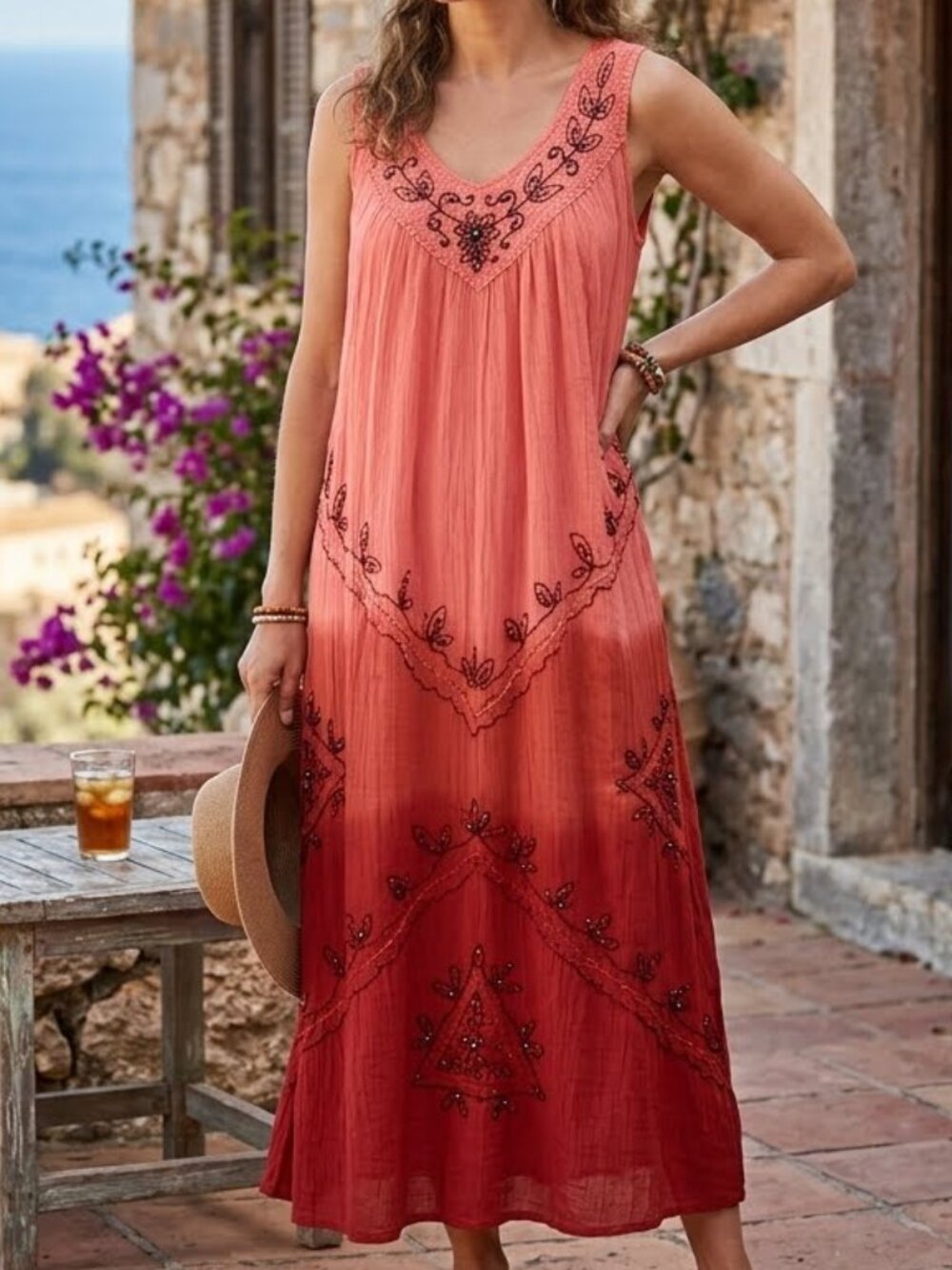 Seven Islands Women's Boho Ombre Maxi Dress One Size Sleeveless Loose Fit